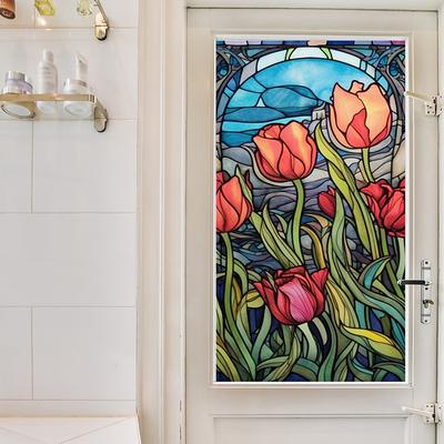Stained Glass Window Privacy Film, UV Blocking Window Film, Colorful Flower Pattern Door Covering for Bathroom Office Kitchen Window Home Decor