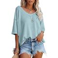 summer v-neck doll sleeve waffle knit loose solid color short sleeve t-shirt top women's