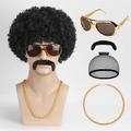 Afro Wig Men, 5pcs Set { Wig Glasses Necklace Mustache Wig Cap } 70'S Costumes Wig Disco Wig for Men Natural Fluffy Short Black Curly Synthetic hair Wig for Halloween Cosplay Party