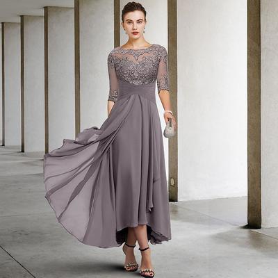 TS A-Line Mother of the Bride Dress Wedding Guest Elegant Plus Size High Low V Neck Asymmetrical Ankle Length Chiffon Lace Half Sleeve with Beading Appliques 2025 free custom size