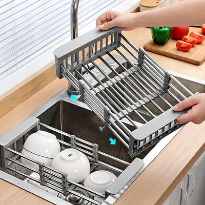 Retractable Dish Drying Rack Stainless Steel, Expandable Kitchen Strainer Drain Draining Basket Over the Sink Adjustable Armrest, Washing Bowl Shelf for Vegetable and Fruit