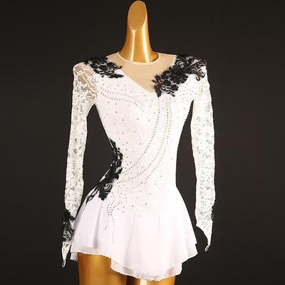 Figure Skating Dress Women's Girls' Ice Skating Dress Outfits Violet Black White Patchwork Mesh Spandex Lace High Elasticity Competition Skating Wear Handmade Crystal / Rhinestone Long Sleeve Ice