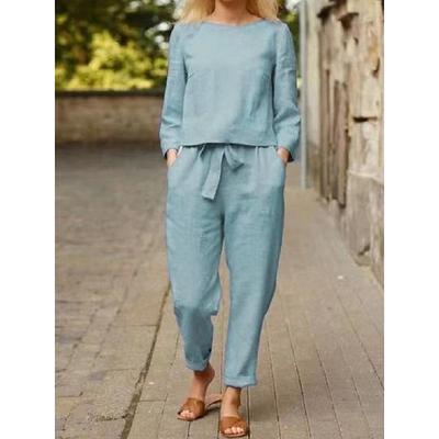 Women's Loungewear Two Piece Sets Simple Casual Comfort Pure Color Pocket Shirt Cotton Linen Sets Pant Vacation Home Daily Long Sleeve Crew Neck Black Blue Orange Beige Summer Spring
