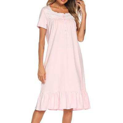 Women's Pajamas Nightgown Dress Pure Color Simple Basic Casual Home Daily Bed Cotton Breathable Square Neck Short Sleeve Dress Button Summer Spring Home Outfits