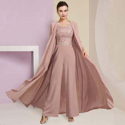 Jumpsuit / Pantsuit 3 Piece Mother of the Bride Dress Formal Wedding Guest Elegant Square Neck Floor Length Chiffon Lace Sleeveless Wrap Included with Appliques 2024
