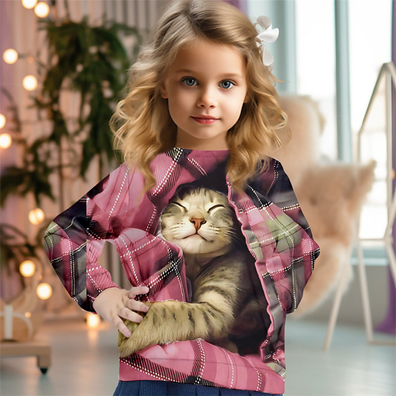 Girls' 3D Plaid Cat Christmas Sweatshirt Sweatshirt Pullover Long Sleeve 3D Print Fall Winter Fashion Streetwear Adorable Kids 3-12 Years 4-13 Years Crew Neck Outdoor Casual Daily Regular Fit