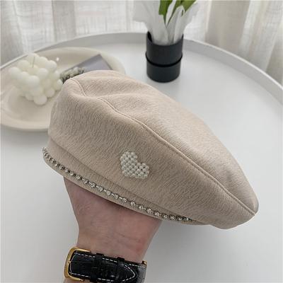 Faux Pearl Heart Decor Beret Elegant Solid Color Beret Hats Classic French Style Painter Cap For Women