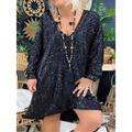 Women's Plus Size Black Sequin Dress Party Dress Sparkly Dress V Neck Long Sleeve Fall Spring Fashion Elegant Midi Dress Evening