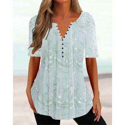 Women's T Shirt Henley Shirt Floral Tunic Basic Short Sleeve Round Neck Regular Tops Holiday Weekend Buttons Print White Yellow Light Green Blue Green