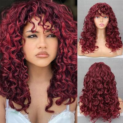 Long Red Curly Afro Wigs for Black Women Fluffy Wavy Wine Wig with Bangs Afro Kinky Curly Big Bouncy Wig for Daily Use