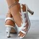 Women's White Mesh Rhinestone Heeled Sandals – Elegant Open-Toe Wedding Shoes with Leaf Design