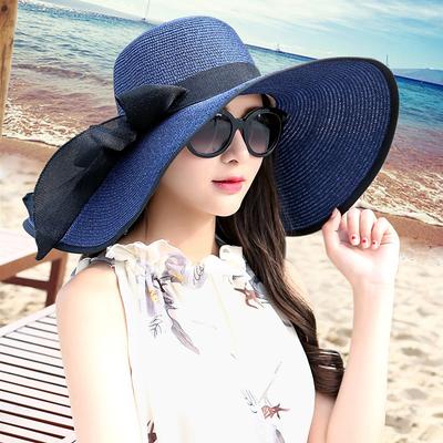 1 pcs Womens 5.5 Inches Big Bowknot Straw Hat Large Floppy Foldable Roll up Beach Cap Sun Hat UPF 50