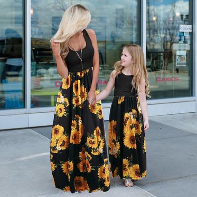 Mommy and Me Dresses Tie Dye Sunflower Casual Print Black White Sleeveless Midi Mommy And Me Outfits Active Matching Outfits