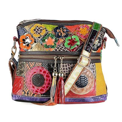 Women's Colorful Patchwork Leather Shoulder Bag - Bohemian Style Handbag with Floral Accents