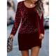 Women's Sequin Dress Velvet Dress Party Dress Sparkly Dress Wine Red Mini Dress Long Sleeve Spring Fall Winter Crew Neck Winter Dress