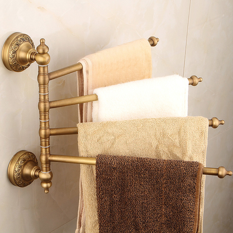 Multifunction Brushed Brass Towel holder Towel Rack Electroplated Brass Bathroom Shelf with 4 Rods Wall Mounted 1pc