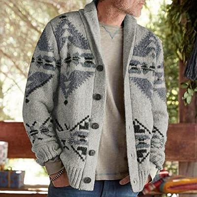 Men's Sweater Cardigan Knit Vintage Style Retro Geometric Shawl Collar Stylish Sweaters Daily Wear Clothing Apparel Fall Winter Khaki Gray M L XL