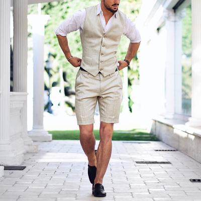 Men's Wedding Linen Suits Light Khaki Sky Blue Summer Solid Colored Tailored Fit 2 Piece