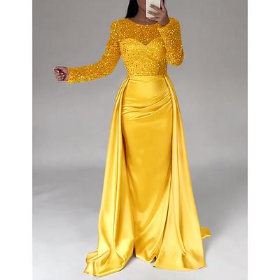 Mermaid Sequin Evening Gown Ruched Champagne Satin Dress Long Sleeves Masquerade Floor Length Illusion Neck with Pearls Overskirt dress 2025