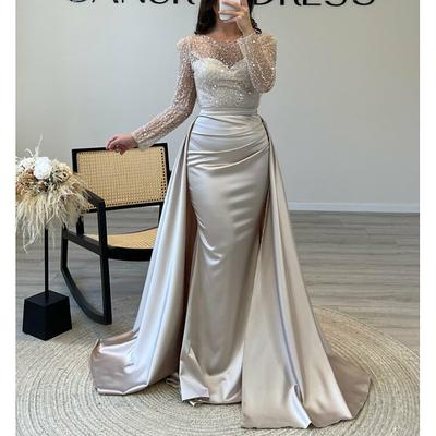 Mermaid Sequin Evening Gown Ruched Satin Dress Long Sleeves Floor Length Sparkle Illusion Neck Prom Wedding Guest Dress with Pearls Overskirt 2024