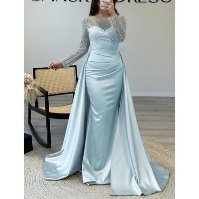 Mermaid Sequin Evening Gown Ruched Champagne Satin Dress Long Sleeves Masquerade Floor Length Illusion Neck with Pearls Overskirt dress 2025