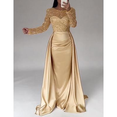 Mermaid Sequin Evening Gown Ruched Satin Dress Long Sleeves Floor Length Sparkle Illusion Neck Prom Wedding Guest Dress with Pearls Overskirt 2024