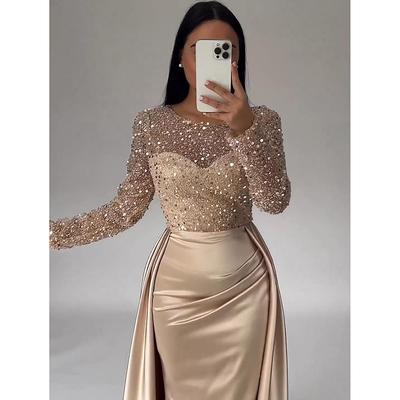 Mermaid Sequin Evening Gown Ruched Champagne Satin Dress Long Sleeves Masquerade Floor Length Illusion Neck with Pearls Overskirt dress 2025