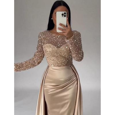 TS Mermaid Sequin Evening Gown Ruched Champagne Satin Dress Long Sleeves Masquerade Floor Length Illusion Neck with Pearls Overskirt dress 2025