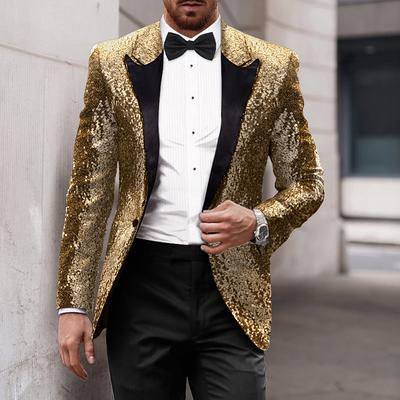 Men's Party Sequin Blazer 70s Disco Retro Casual Jacket Regular Solid Colored Single Breasted One-button Black Gold Silver Red Blue