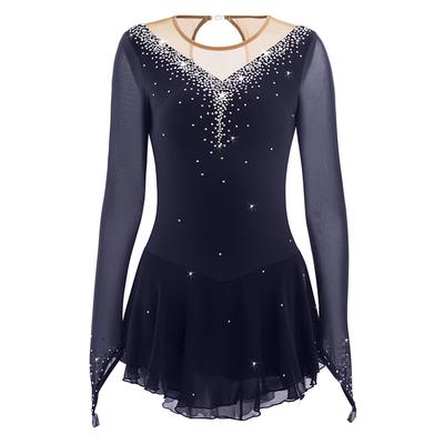 Figure Skating Dress Women's Girls' Ice Skating Dress Light Blue Black White Patchwork Mesh High Elasticity Competition Skating Wear Jeweled Rhinestone Long Sleeve Ice Skating Figure Skating