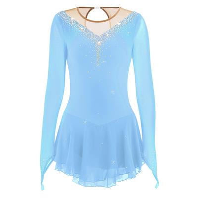 Figure Skating Dress Women's Girls' Ice Skating Dress Light Blue Black White Patchwork Mesh High Elasticity Competition Skating Wear Jeweled Rhinestone Long Sleeve Ice Skating Figure Skating