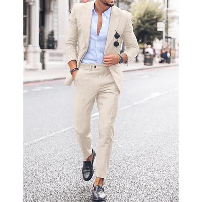 Men's Beach Wedding Linen Suits Sky Blue Dark Blue Fashion Casual Solid Colored Tailored Fit 2 Piece Single Breasted One-button