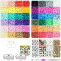 12000 Pcs Clay Beads for Bracelet Making, Paodey 48 Colors 3 Boxes Flat Clay Beads Heishi Beads with Pendant Charm Kit and Elastic Strings for Jewelry Making Bracelets Necklaces Gift Sets