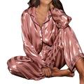 Women's Pajamas Nighty Sets Stripe Simple Comfort Soft Carnival Christmas New Year Satin Gift Lapel Long Sleeve Shirt Pant Button Pocket Spring Fall Champagne Pink
