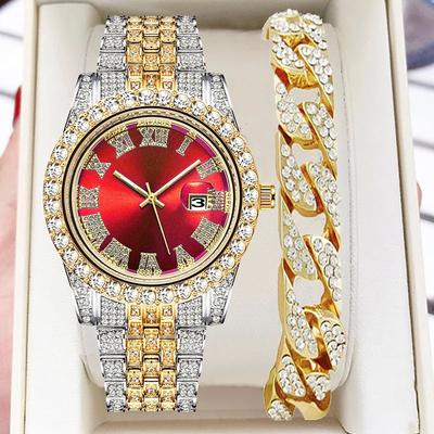 Men's Quartz Watch with Chain Bracelet Set Fashion Luxury Bling Diamond Hiphop Analog Men Quartz Wristwatch Calendar Waterproof Men's Watch