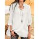 Women's Long Cotton Top White Cotton Top White Cotton Blouse Linen Plain Casual White 3/4 Length Sleeve Fashion V Neck Spring Fall