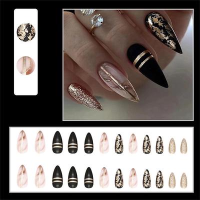 Black Press on Nails Short Medium Stiletto, Fake Nails for Women with Gold Glitter Bling Design, Acrylic Glue on Nails False Nails Press on, Stick on Nails for Wedding Birthday 24Pcs