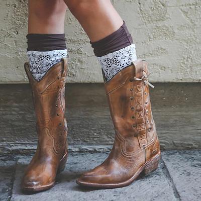 Women's Vintage Brown Leather Knee-High Cowboy Boots - Western Style with Distressed Finish
