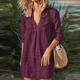 Women's Cotton Linen Blend Mini Dress Deep V Ruched Long Sleeve Casual Mature Loose Fit 2024 Spring