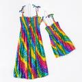 Mommy and Me Children's Day Dresses Rainbow Striped Daily Wear Print Multicolor Blue Green Sleeveless Knee-length Tank Dress Boho Matching Outfits