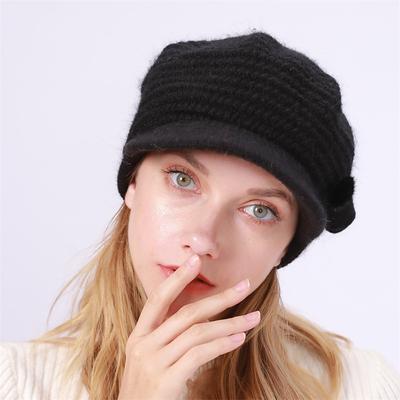 Women's Knit Hat Bow Pom Poms Decor Thermal Winter Hat With Sun Visor For Outdoor