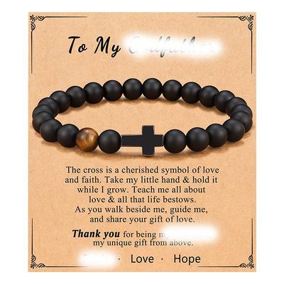 New Frosted Black Beaded Bracelet Tiger Eye Stone Small Cross Pendant Bracelet Obsidian Cross Bracelet