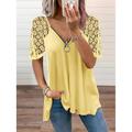Women's Blouse Shirt Plain Zipper V Neck Basic Lace Tops Light Pink Blue Yellow