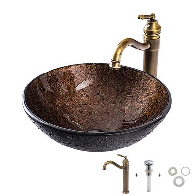 16.5 inch Bathroom Vessel Sink with Faucet Vintage Brass, Antique Tempered Glass Basin with Pop-Up Drain, Countertop Artistic Round Basin Bowl Set, Above Counter Vanity Sink