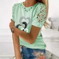Women's T shirt Tee Heart Casual Black White Pink Print Lace Short Sleeve Basic Round Neck Regular Fit