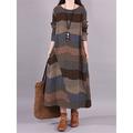 Women's Casual Dress Cotton Linen Dress Loose Dress Midi Dress Cotton Basic Classic Outdoor Daily Vacation Crew Neck Print Long Sleeve Spring Fall Winter 2023 Loose Fit Wine Brown Striped M L XL 2XL