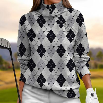 Women's Golf Pullover Sweatshirt White Rose Red Light Blue Long Sleeve Top Plaid Fall Winter Ladies Golf Attire Clothes Outfits Wear Apparel