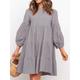 Women's Autumn Cotton Linen Midi Swing Dress Ruched Sleeves Crew Neck Black Blue