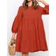 Women's Autumn Cotton Linen Midi Swing Dress Ruched Sleeves Crew Neck Black Blue