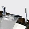 Waterfall Bathtub Faucet Deck Mounted, Widespread Bathroom Faucet Bath Roman Tub Filler Mixer Tap Brass, 3 Hole Sprayer with Cold Hot Water Hose